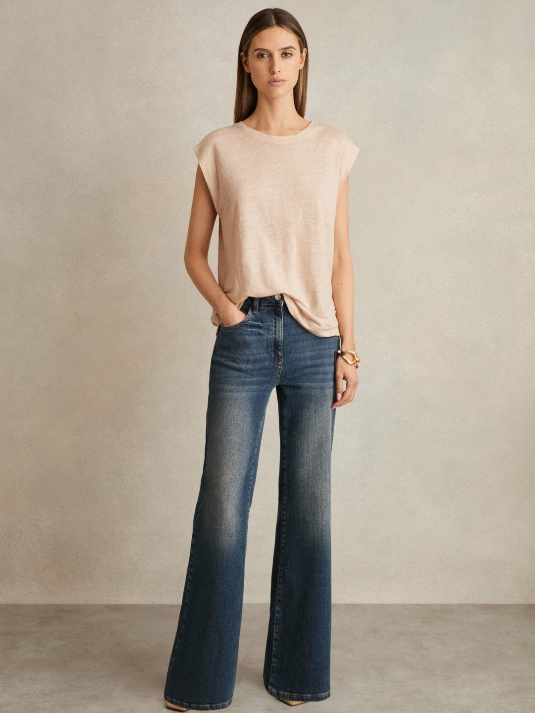 Linen Cap-Sleeve T-Shirt in Peach | Reiss Women Recommended