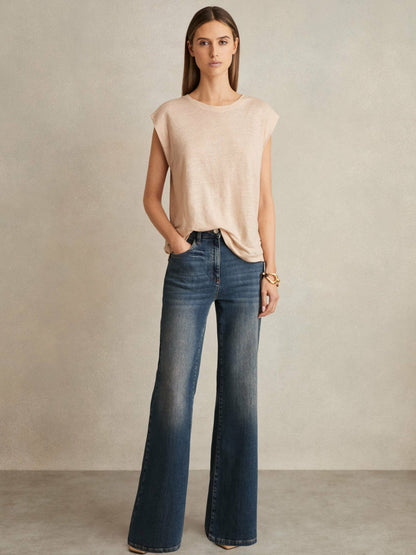 Linen Cap-Sleeve T-Shirt in Peach | Reiss Women Recommended