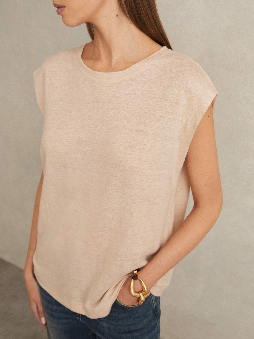 Linen Cap-Sleeve T-Shirt in Peach | Reiss Women Recommended