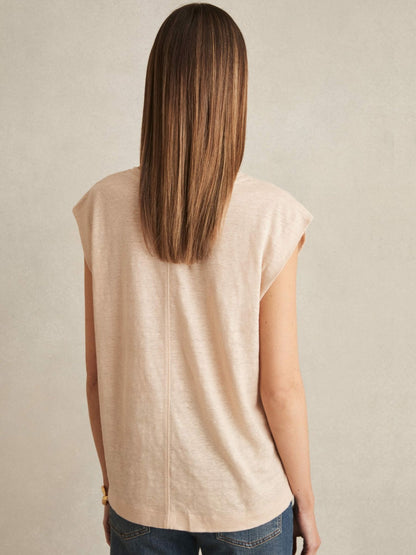 Linen Cap-Sleeve T-Shirt in Peach | Reiss Women Recommended