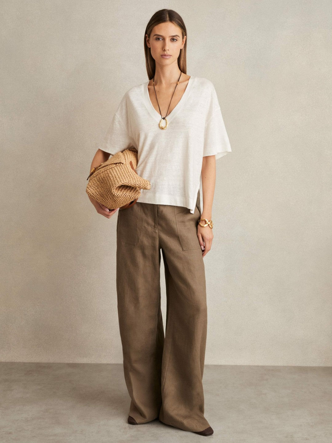 Linen V-Neck T-Shirt in White | Reiss Women Featured