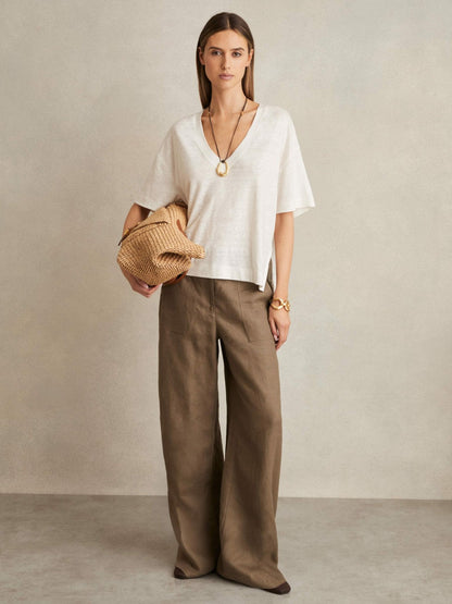 Linen V-Neck T-Shirt in White | Reiss Women Featured