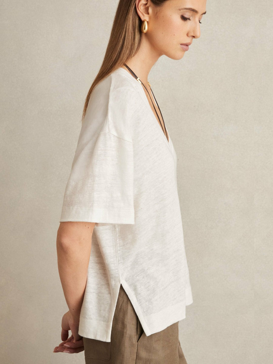 Linen V-Neck T-Shirt in White | Reiss Women Featured
