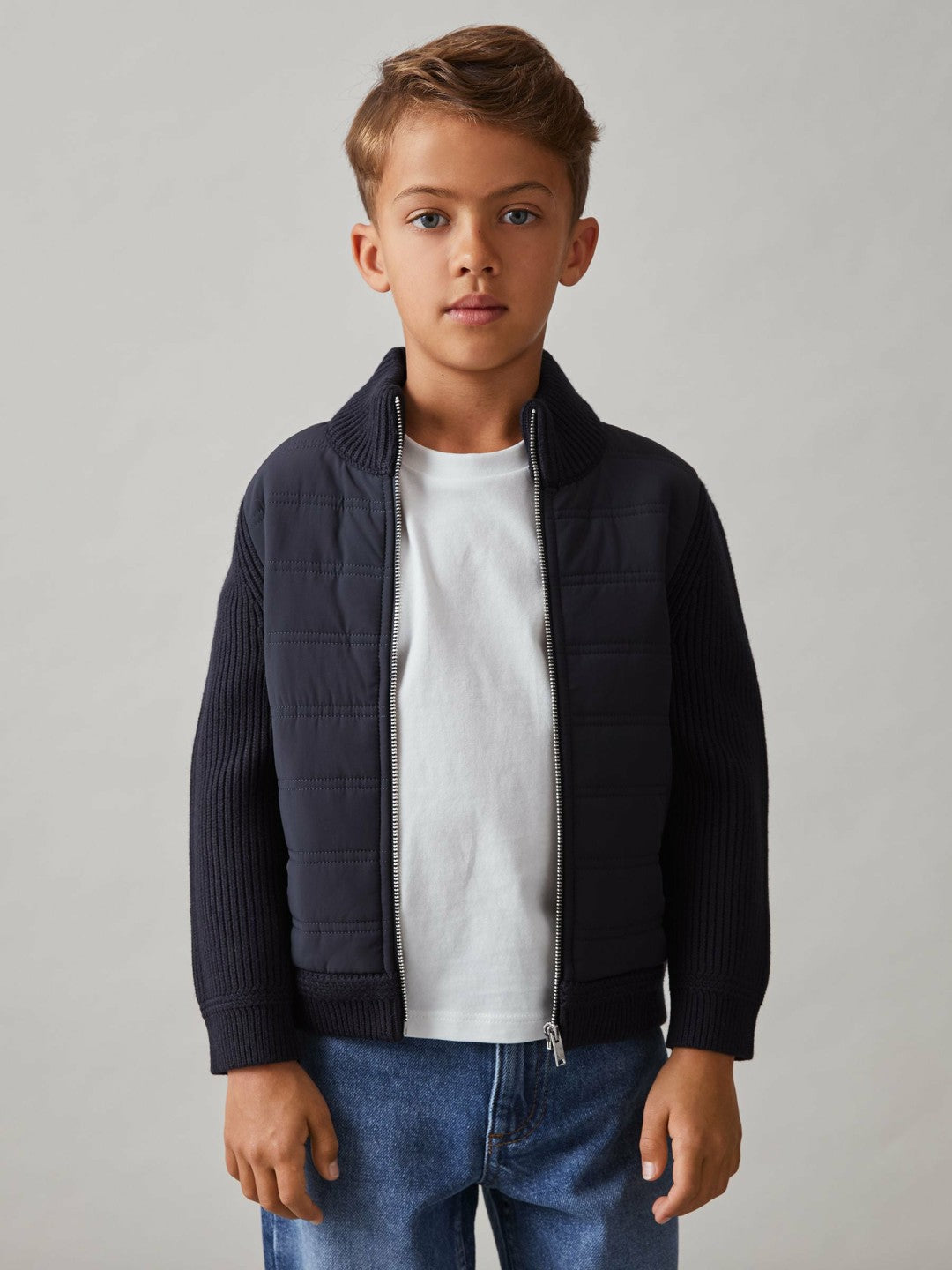 9-13 yrs Hybrid Quilt and Knit Zip Through Jacket in Navy | Reiss Children & Baby Trending