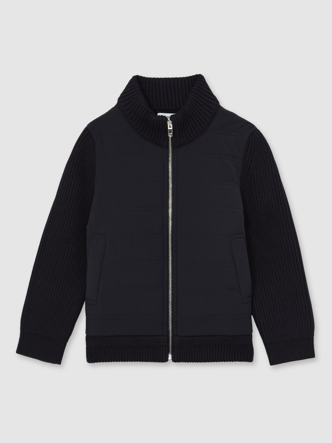 9-13 yrs Hybrid Quilt and Knit Zip Through Jacket in Navy | Reiss Children & Baby Trending