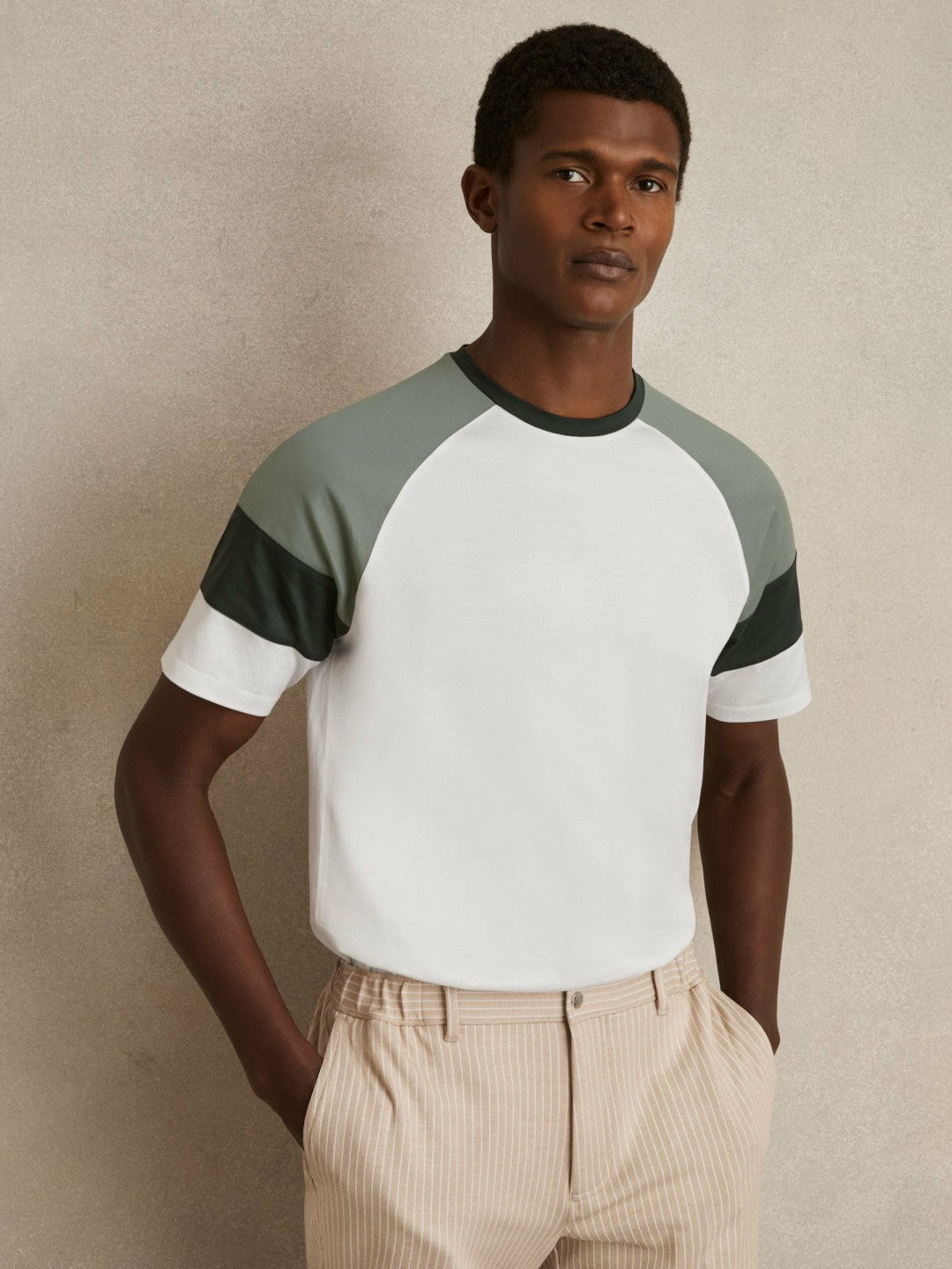 Mercerised-Cotton Colourblock T-Shirt in White/Sage | Reiss Men Premium