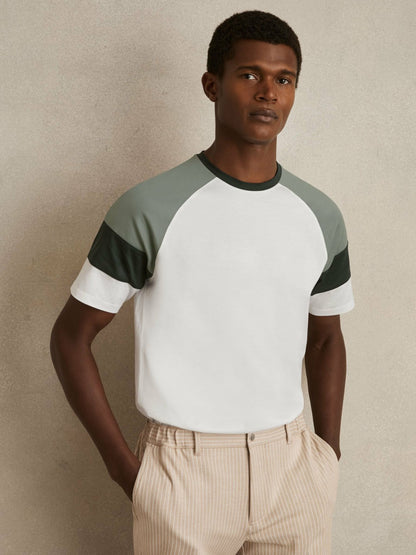 Mercerised-Cotton Colourblock T-Shirt in White/Sage | Reiss Men Premium