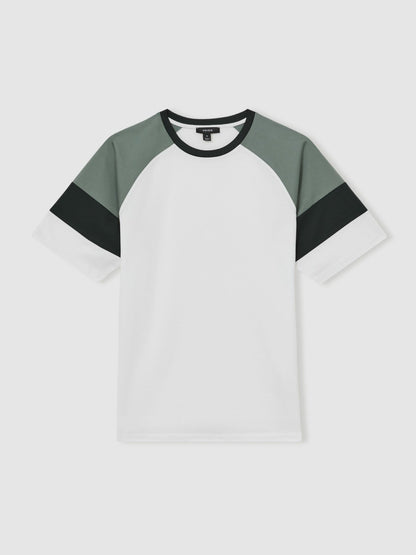Mercerised-Cotton Colourblock T-Shirt in White/Sage | Reiss Men Premium