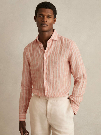 Linen Striped Long Sleeve Shirt in Pink Rose/White Bengal Stripe | Reiss Men Best Seller