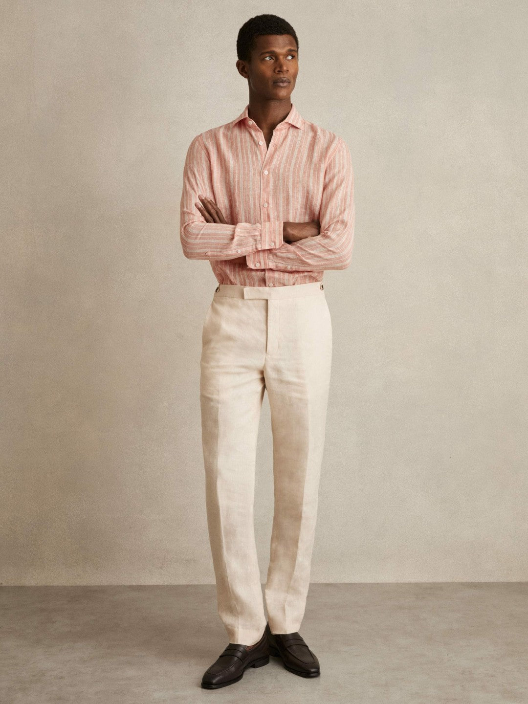 Linen Striped Long Sleeve Shirt in Pink Rose/White Bengal Stripe | Reiss Men Best Seller