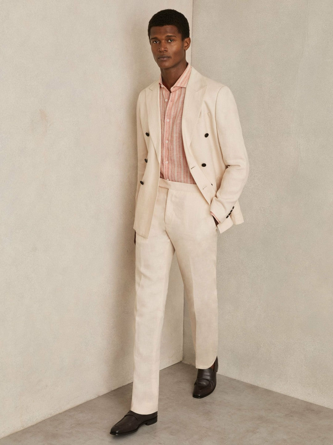 Linen Striped Long Sleeve Shirt in Pink Rose/White Bengal Stripe | Reiss Men Best Seller