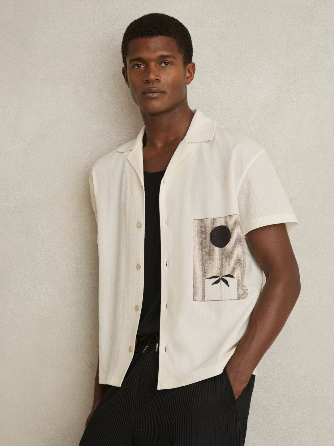 Graphic Print Cuban-Collar Shirt in White | Reiss Men Signature