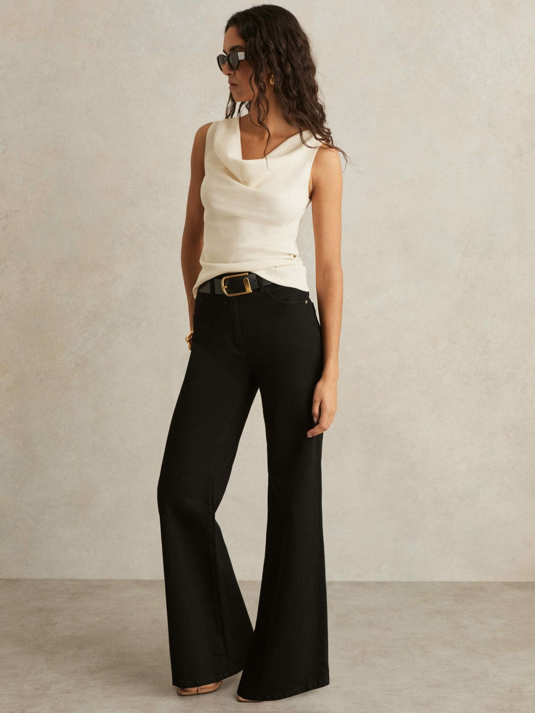 Ribbed Cowl-Neck Vest in Ivory | Reiss Women Premium