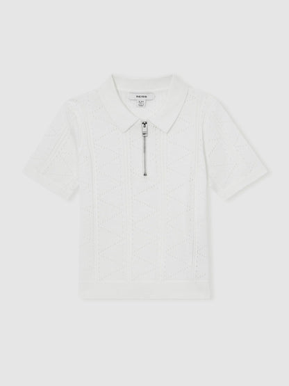 9-13 yrs Half-Zip Pointelle Polo Shirt in Off White | Reiss Children & Baby Recommended