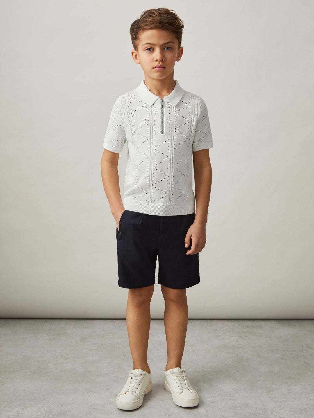 9-13 yrs Half-Zip Pointelle Polo Shirt in Off White | Reiss Children & Baby Recommended