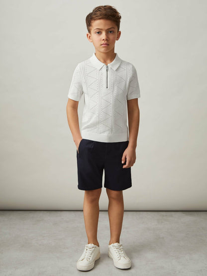 9-13 yrs Half-Zip Pointelle Polo Shirt in Off White | Reiss Children & Baby Recommended