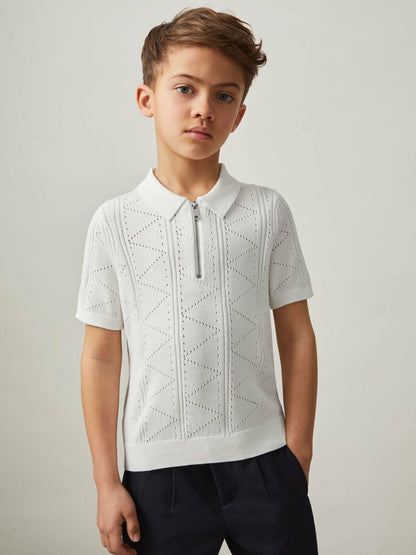 3-9 yrs Half-Zip Pointelle Polo Shirt in Off White | Reiss Children & Baby Exclusive