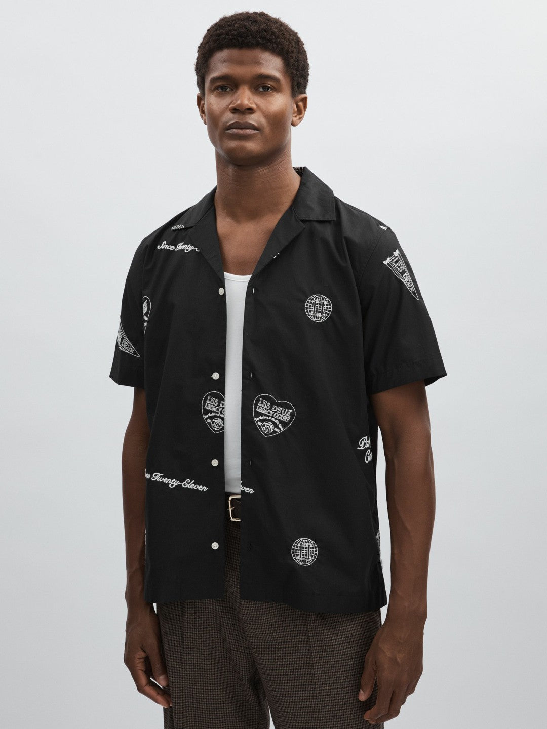 Les Deux Cotton Embroidered Shirt in Black Print | Reiss Men Exclusive