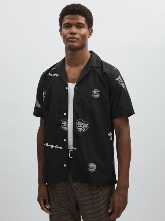 Les Deux Cotton Embroidered Shirt in Black Print | Reiss Men Exclusive