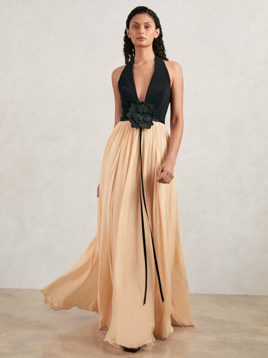 Halston Crepe and Chiffon Maxi Dress in Black/Ivory | Reiss Women Premium