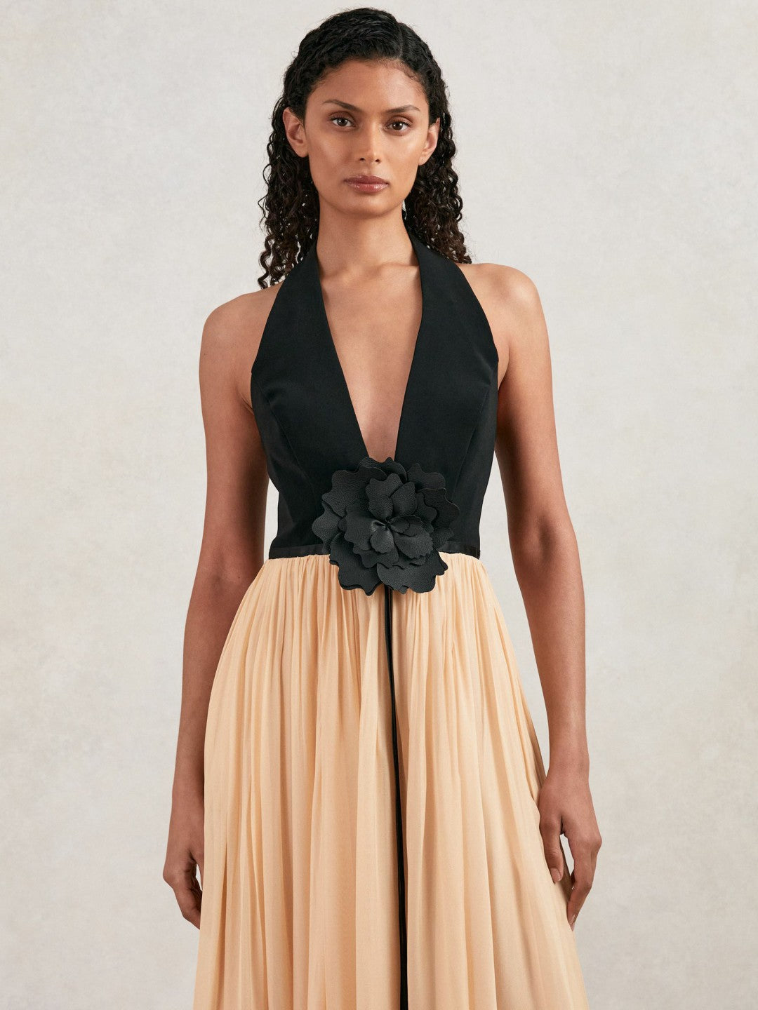 Halston Crepe and Chiffon Maxi Dress in Black/Ivory | Reiss Women Premium