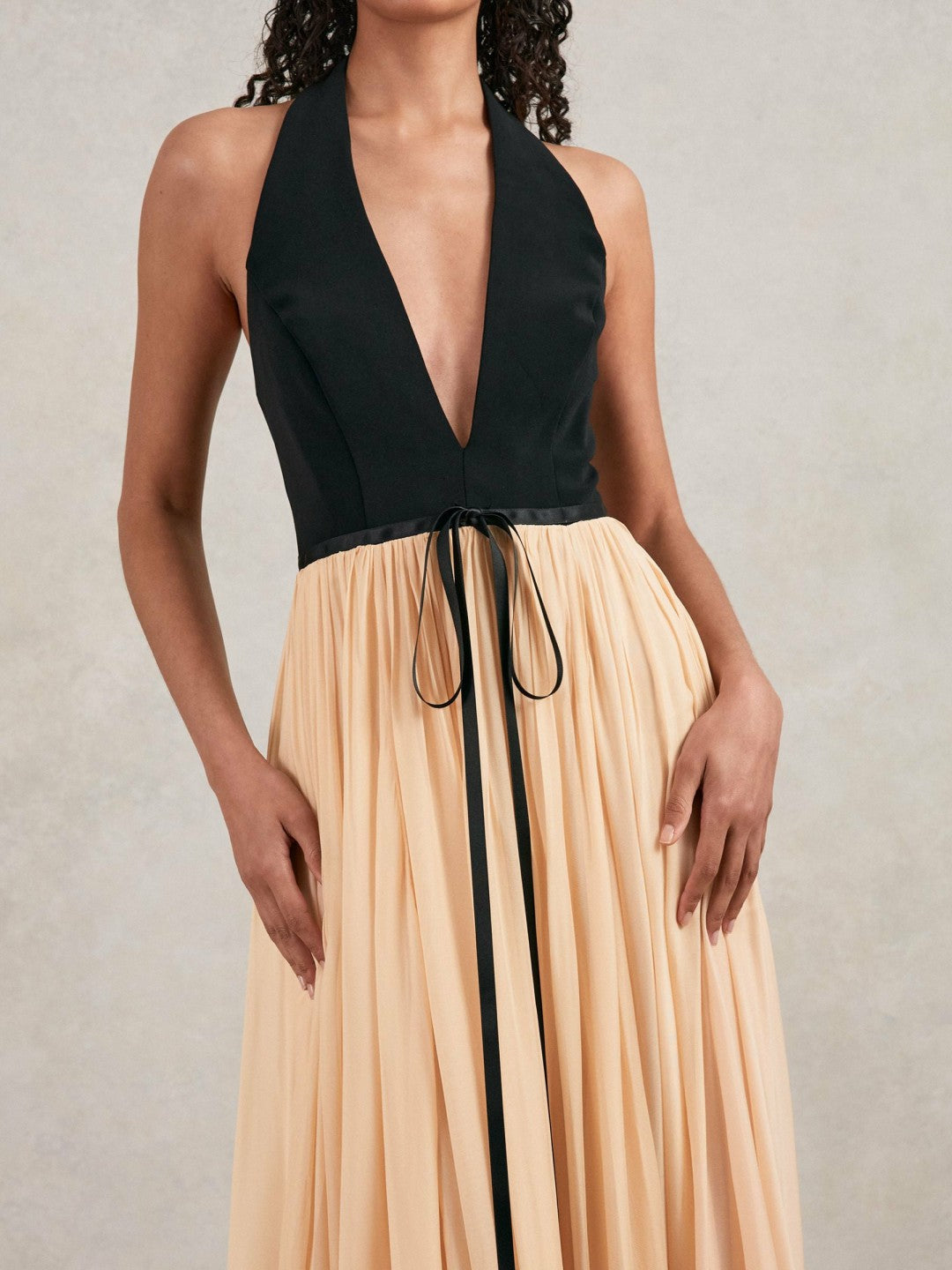 Halston Crepe and Chiffon Maxi Dress in Black/Ivory | Reiss Women Premium