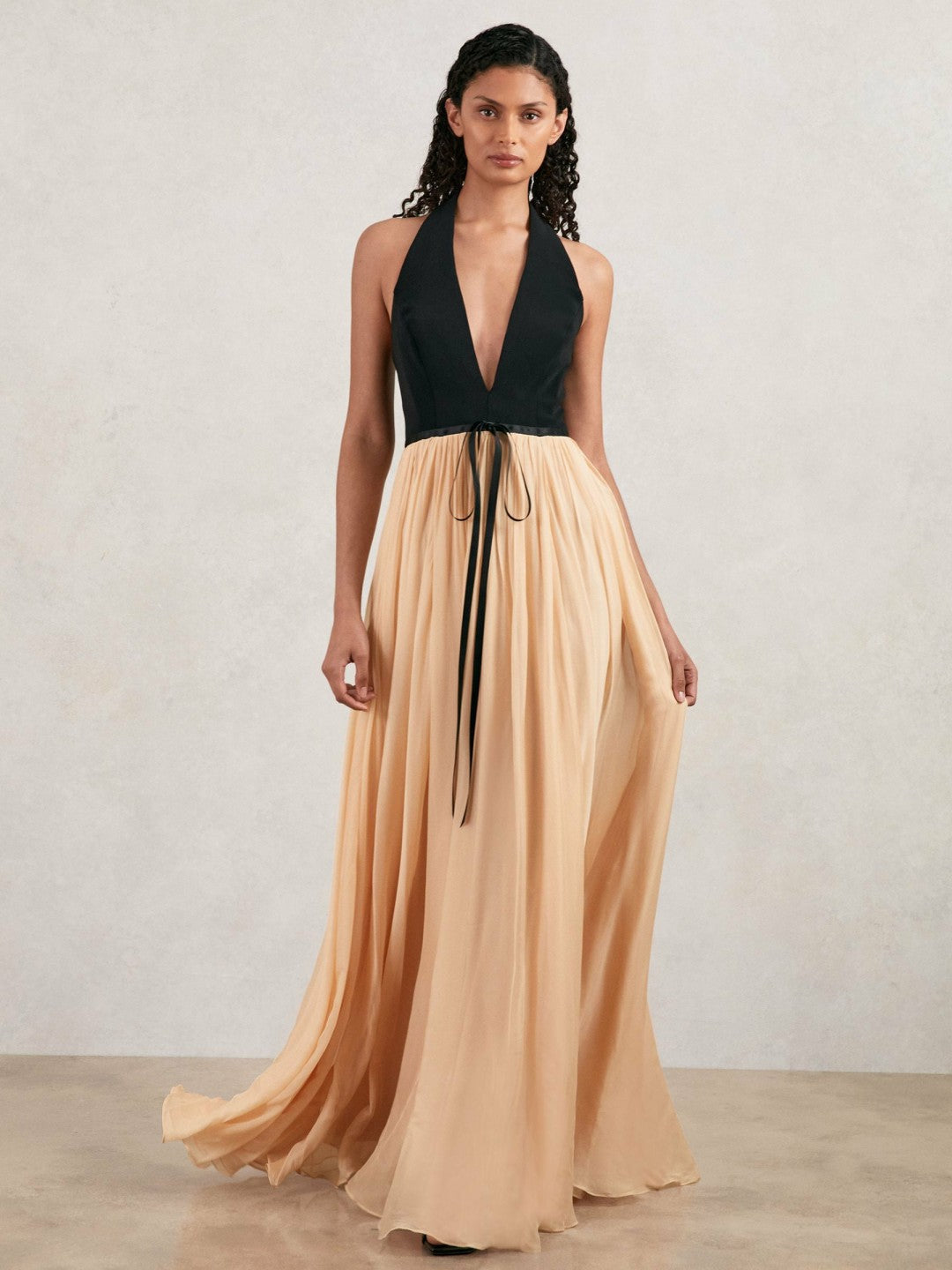 Halston Crepe and Chiffon Maxi Dress in Black/Ivory | Reiss Women Premium
