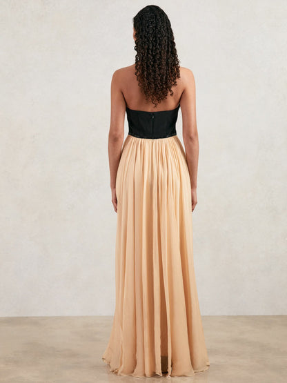 Halston Crepe and Chiffon Maxi Dress in Black/Ivory | Reiss Women Premium