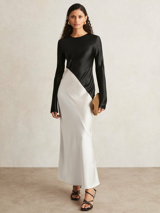 Acler Satin Colour Block Midi Dress in Ivory/Black | Reiss Women Featured