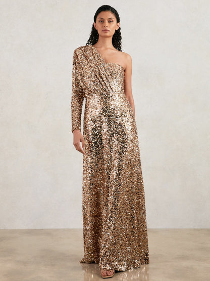 Halston Sequin One Shoulder Maxi Dress in Gold | Reiss Women Trending