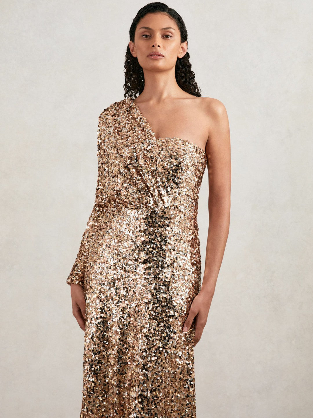 Halston Sequin One Shoulder Maxi Dress in Gold | Reiss Women Trending