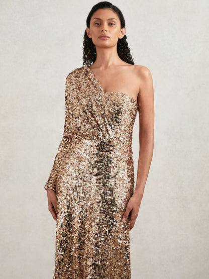 Halston Sequin One Shoulder Maxi Dress in Gold | Reiss Women Trending