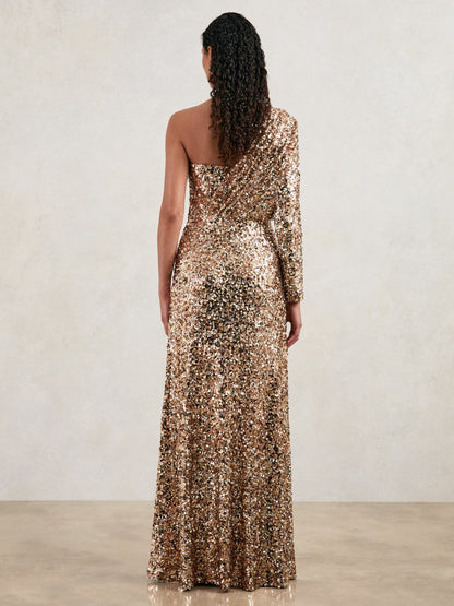Halston Sequin One Shoulder Maxi Dress in Gold | Reiss Women Trending