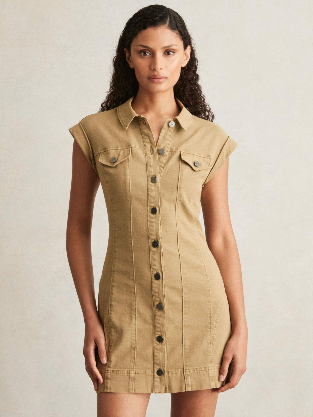 Paige Fern Beige Denim Button Through Mini Dress in Fern Beige | Reiss Women New