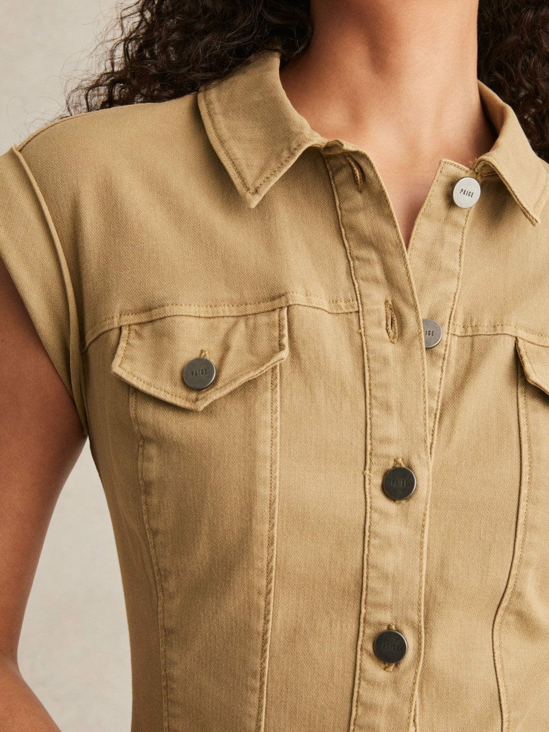 Paige Fern Beige Denim Button Through Mini Dress in Fern Beige | Reiss Women New