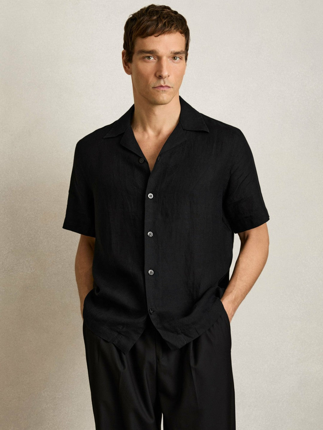Linen Cuban-Collar Shirt in Black | Reiss Men Featured