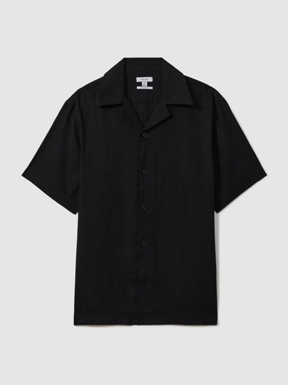 Linen Cuban-Collar Shirt in Black | Reiss Men Featured