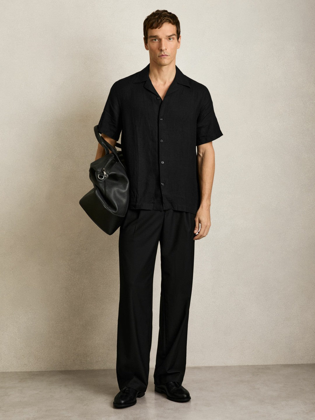 Linen Cuban-Collar Shirt in Black | Reiss Men Featured