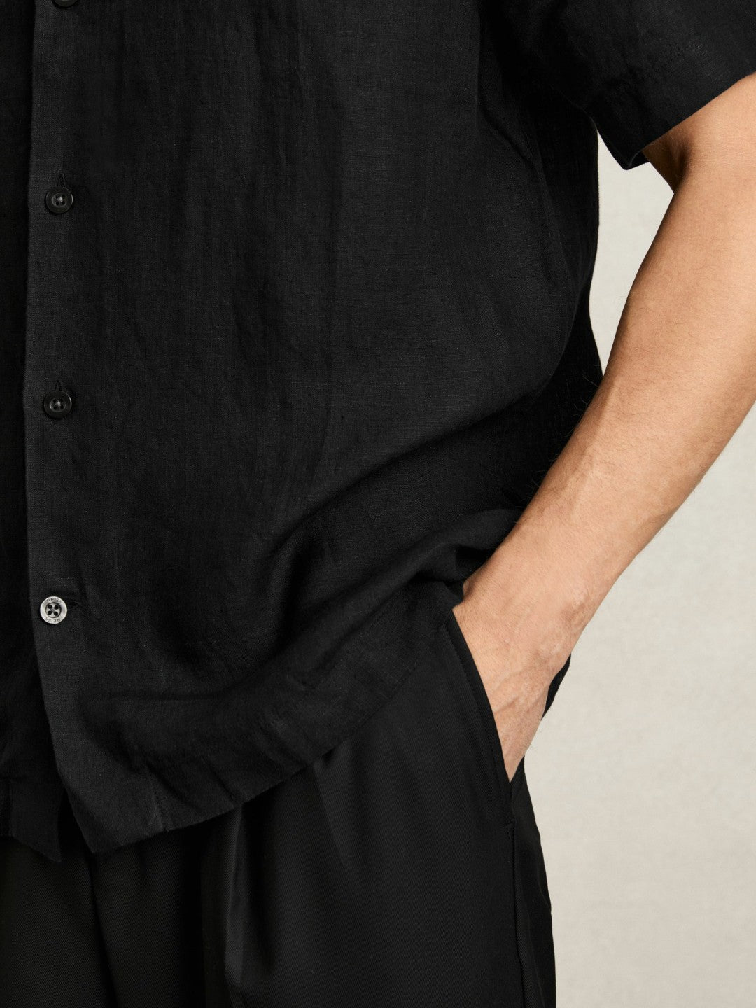 Linen Cuban-Collar Shirt in Black | Reiss Men Featured