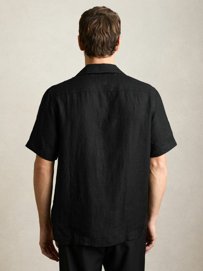 Linen Cuban-Collar Shirt in Black | Reiss Men Featured