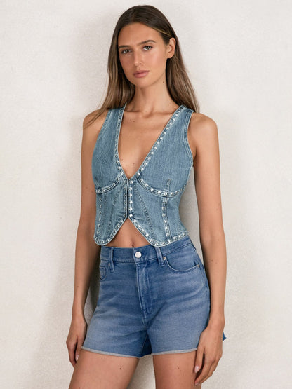 Studded Denim Vest in Indigo Blue | Reiss Women Signature