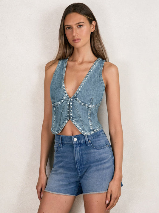 Studded Denim Vest in Indigo Blue | Reiss Women Signature