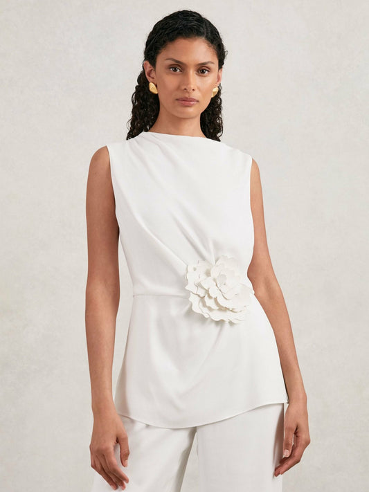 Halston Crepe Wide Leg Jumpsuit in Ivory | Reiss Women New