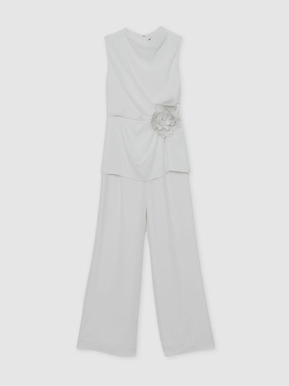 Halston Crepe Wide Leg Jumpsuit in Ivory | Reiss Women New