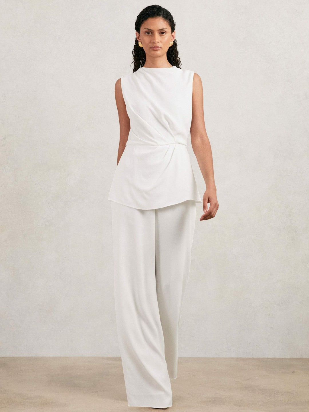 Halston Crepe Wide Leg Jumpsuit in Ivory | Reiss Women New
