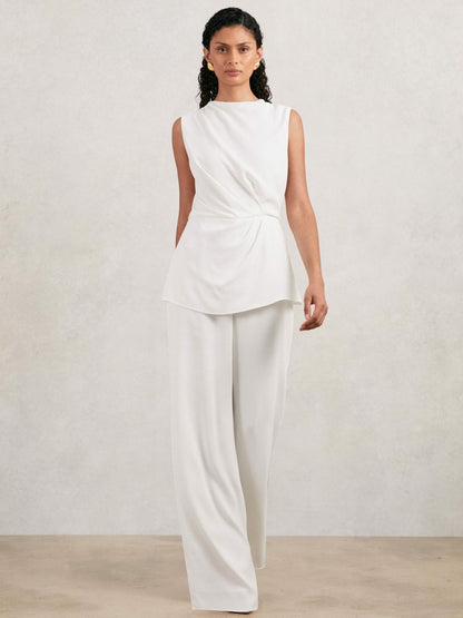 Halston Crepe Wide Leg Jumpsuit in Ivory | Reiss Women New