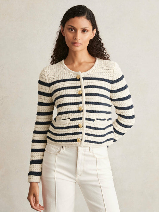 Paige Ivory Textured Knit Stripe Cardigan in Ivory | Reiss Women New