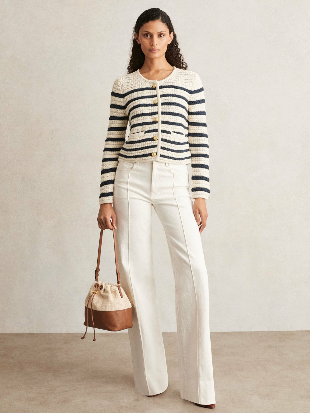Paige Ivory Textured Knit Stripe Cardigan in Ivory | Reiss Women New