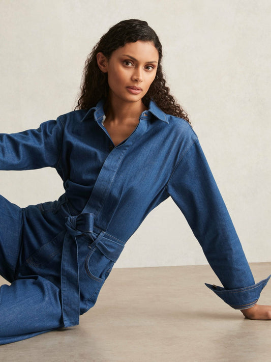 Paige Maraya Blue Wide Leg Belted Denim Jumpsuit in Maraya Blue | Reiss Women Exclusive