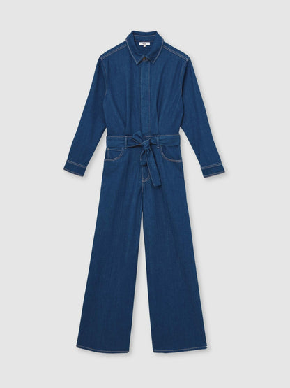 Paige Maraya Blue Wide Leg Belted Denim Jumpsuit in Maraya Blue | Reiss Women Exclusive